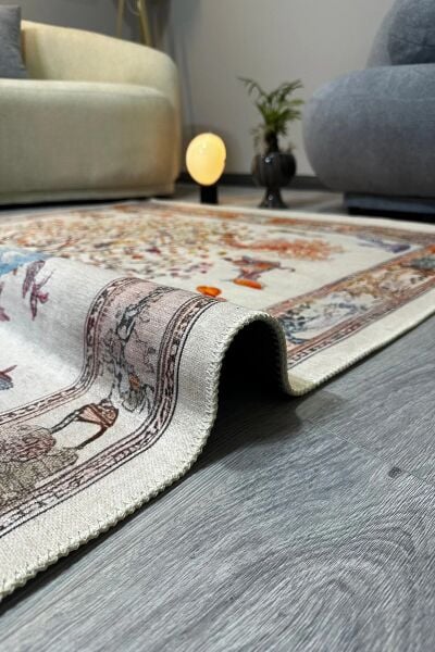 Drom Pamuk Dokuma Taban Makinede Yıkanabilen Kilim Kaymaz Şönil Mercan ve Ağaç Desenli Otantik Halı