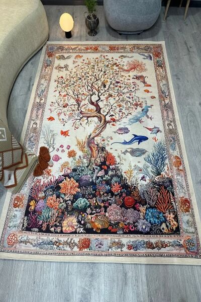 Drom Pamuk Dokuma Taban Makinede Yıkanabilen Kilim Kaymaz Şönil Mercan ve Ağaç Desenli Otantik Halı