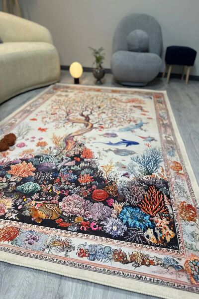 Drom Pamuk Dokuma Taban Makinede Yıkanabilen Kilim Kaymaz Şönil Mercan ve Ağaç Desenli Otantik Halı