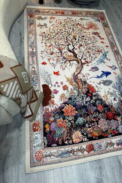 Drom Pamuk Dokuma Taban Makinede Yıkanabilen Kilim Kaymaz Şönil Mercan ve Ağaç Desenli Otantik Halı