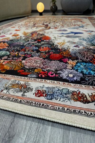 Drom Pamuk Dokuma Taban Makinede Yıkanabilen Kilim Kaymaz Şönil Mercan ve Ağaç Desenli Otantik Halı
