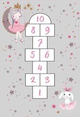 Cino Gri Antialerjik Tavşanlı Ve Kızlı Seksek Çocuk Odası Halısı  120x180