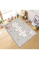 Cino Gri Antialerjik Tavşanlı Ve Kızlı Seksek Çocuk Odası Halısı  160x230