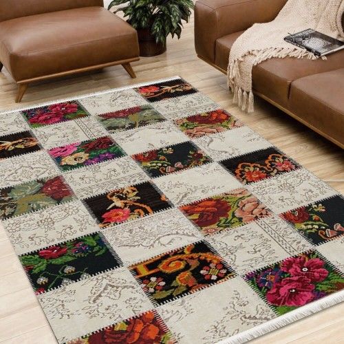 Halımax Dara 110 Yıkanabilir Kaymaz Tabanlı Çiçekli Patchwork Modern Halı 100x200
