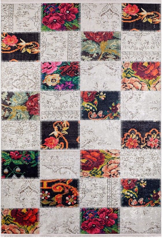 Halımax Dara 110 Yıkanabilir Kaymaz Tabanlı Çiçekli Patchwork Modern Halı 100x200