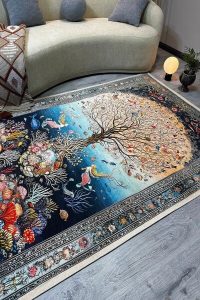 Drom Pamuk Dokuma Taban Makinede Yıkanabilen Kilim Kaymaz Şönil Mercan ve Ağaç Desenli Otantik Halı