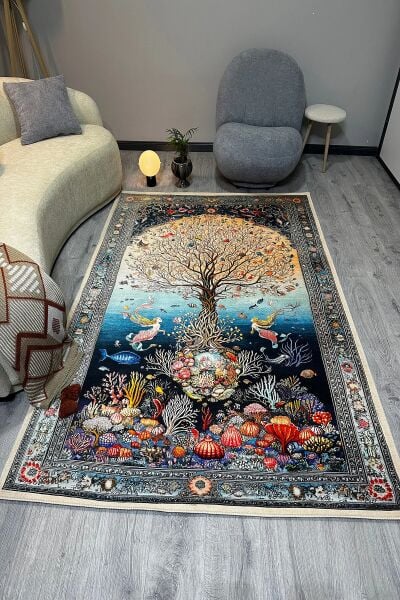 Drom Pamuk Dokuma Taban Makinede Yıkanabilen Kilim Kaymaz Şönil Mercan ve Ağaç Desenli Otantik Halı