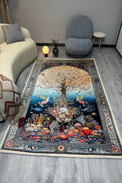 Drom Pamuk Dokuma Taban Makinede Yıkanabilen Kilim Kaymaz Şönil Mercan ve Ağaç Desenli Otantik Halı