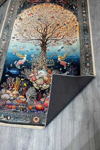 Drom Pamuk Dokuma Taban Makinede Yıkanabilen Kilim Kaymaz Şönil Mercan ve Ağaç Desenli Otantik Halı