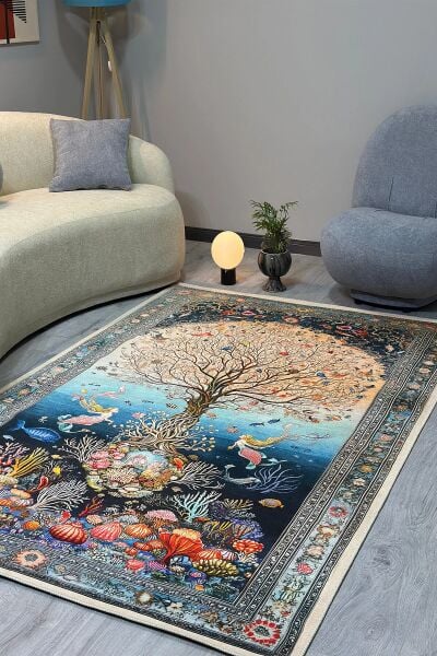 Drom Pamuk Dokuma Taban Makinede Yıkanabilen Kilim Kaymaz Şönil Mercan ve Ağaç Desenli Otantik Halı