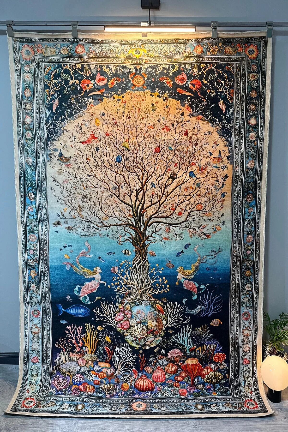 Drom Pamuk Dokuma Taban Makinede Yıkanabilen Kilim Kaymaz Şönil Mercan ve Ağaç Desenli Otantik Halı