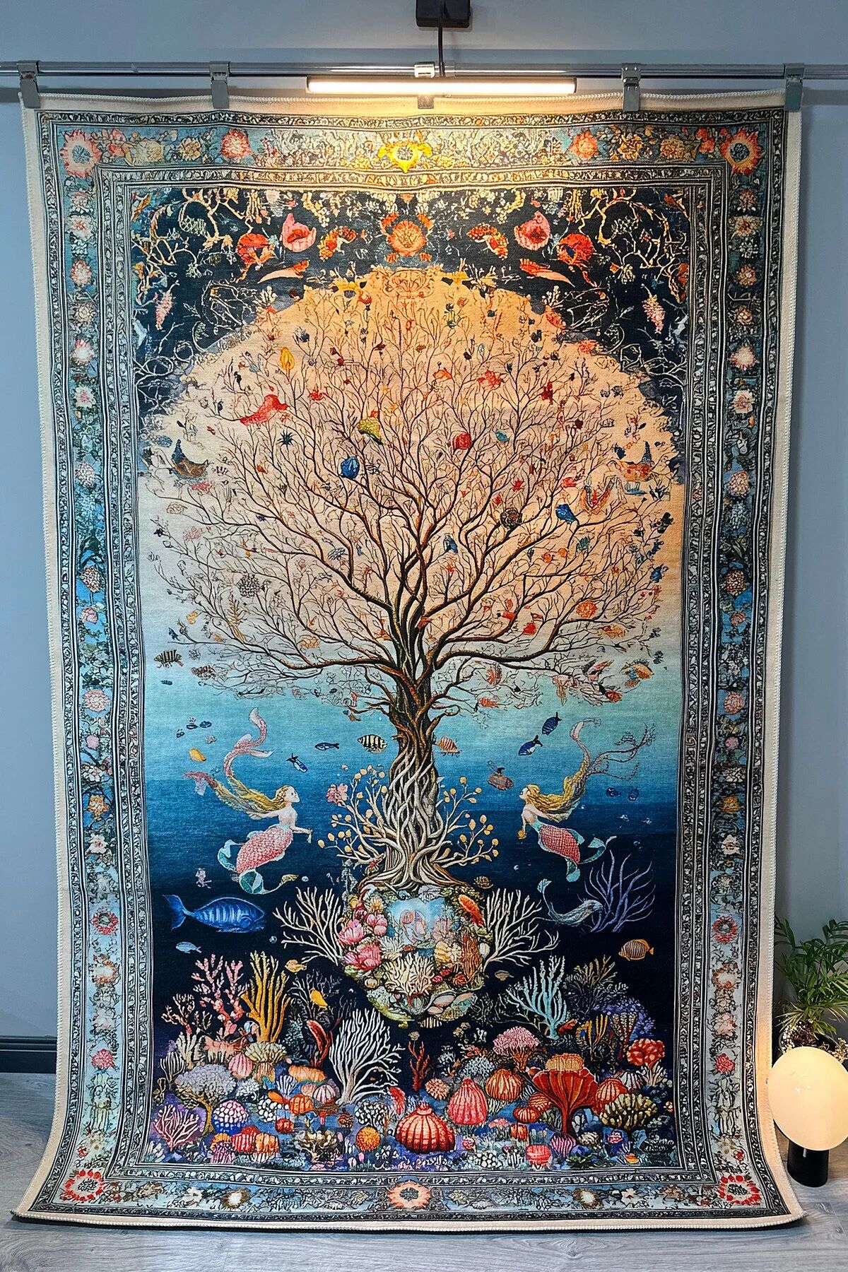 Drom Pamuk Dokuma Taban Makinede Yıkanabilen Kilim Kaymaz Şönil Mercan ve Ağaç Desenli Otantik Halı