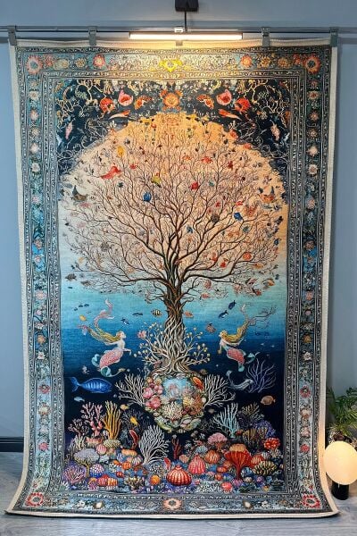 Drom Pamuk Dokuma Taban Makinede Yıkanabilen Kilim Kaymaz Şönil Mercan ve Ağaç Desenli Otantik Halı