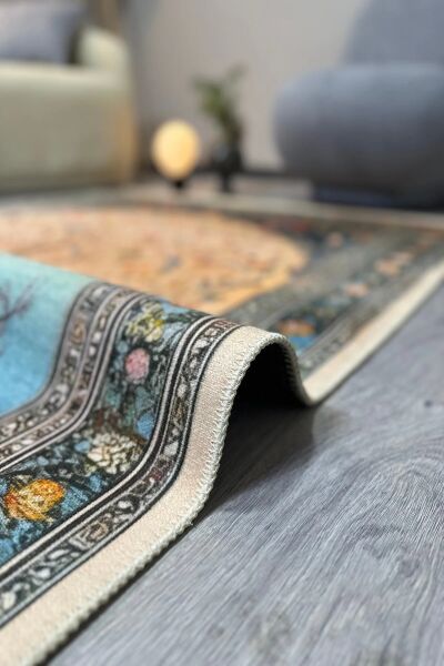Drom Pamuk Dokuma Taban Makinede Yıkanabilen Kilim Kaymaz Şönil Mercan ve Ağaç Desenli Otantik Halı