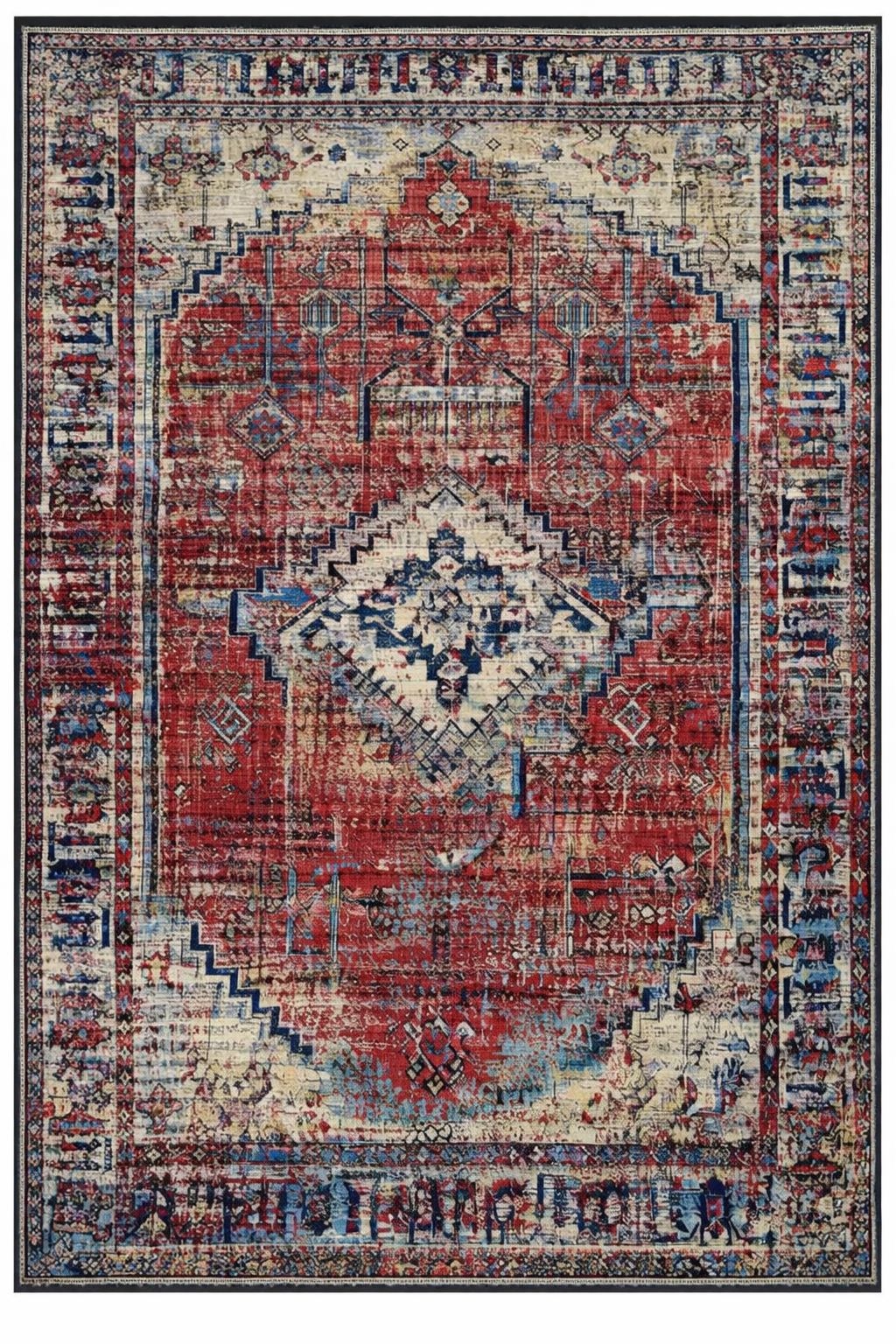 Drom Pamuk Dokuma Taban Kaymaz Şönil Makinede Yıkanabilir Vintage Çerçeveli Eskitme Desen Salon Yatak Odası Mutfak Koridor Yolluk Halı