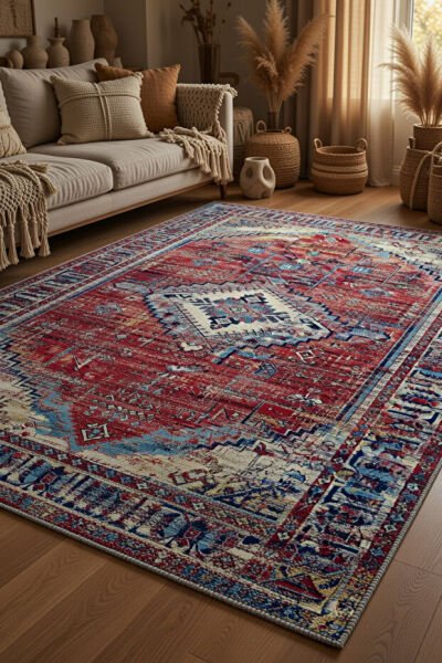 Drom Pamuk Dokuma Taban Kaymaz Şönil Makinede Yıkanabilir Vintage Çerçeveli Eskitme Desen Salon Yatak Odası Mutfak Koridor Yolluk Halı