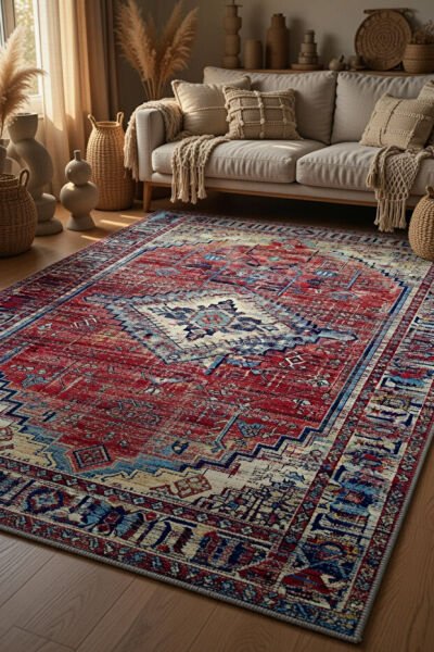 Drom Pamuk Dokuma Taban Kaymaz Şönil Makinede Yıkanabilir Vintage Çerçeveli Eskitme Desen Salon Yatak Odası Mutfak Koridor Yolluk Halı