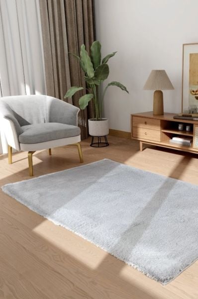 Luka Tavşan Post Gri Yumuşak Tüylü Kaymaz Tabanlı Ekstra Yumuşak Dokulu Halı