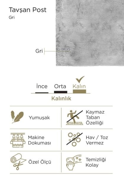 Luka Tavşan Post Gri Yumuşak Tüylü Kaymaz Tabanlı Ekstra Yumuşak Dokulu Halı