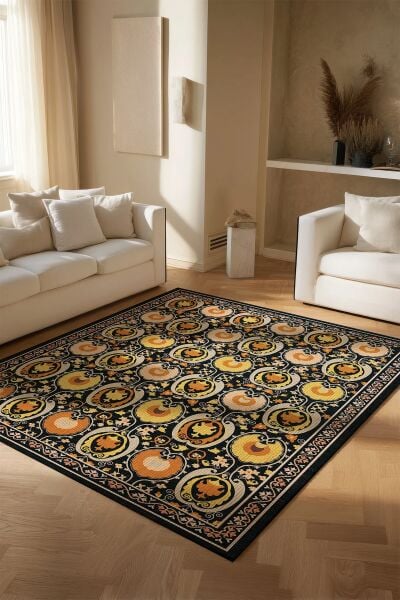 Drom Pamuk Dokuma Taban Makinede Yıkanabilen Kilim Kaymaz Şönil Hardal Etnik Desenli Otantik Dokuma Halı