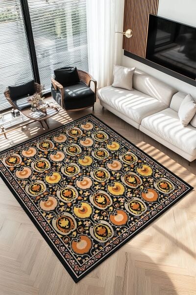 Drom Pamuk Dokuma Taban Makinede Yıkanabilen Kilim Kaymaz Şönil Hardal Etnik Desenli Otantik Dokuma Halı