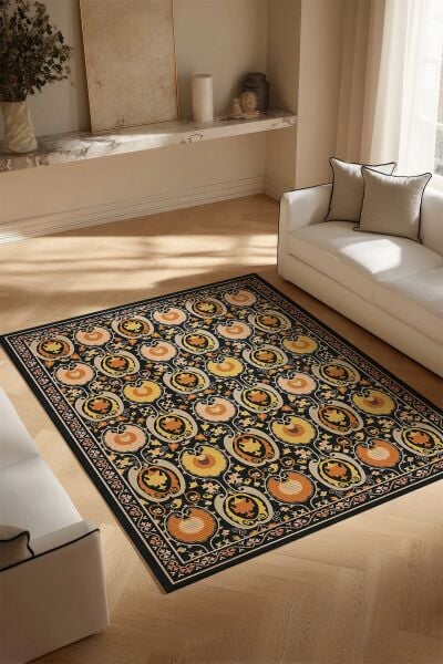 Drom Pamuk Dokuma Taban Makinede Yıkanabilen Kilim Kaymaz Şönil Hardal Etnik Desenli Otantik Dokuma Halı