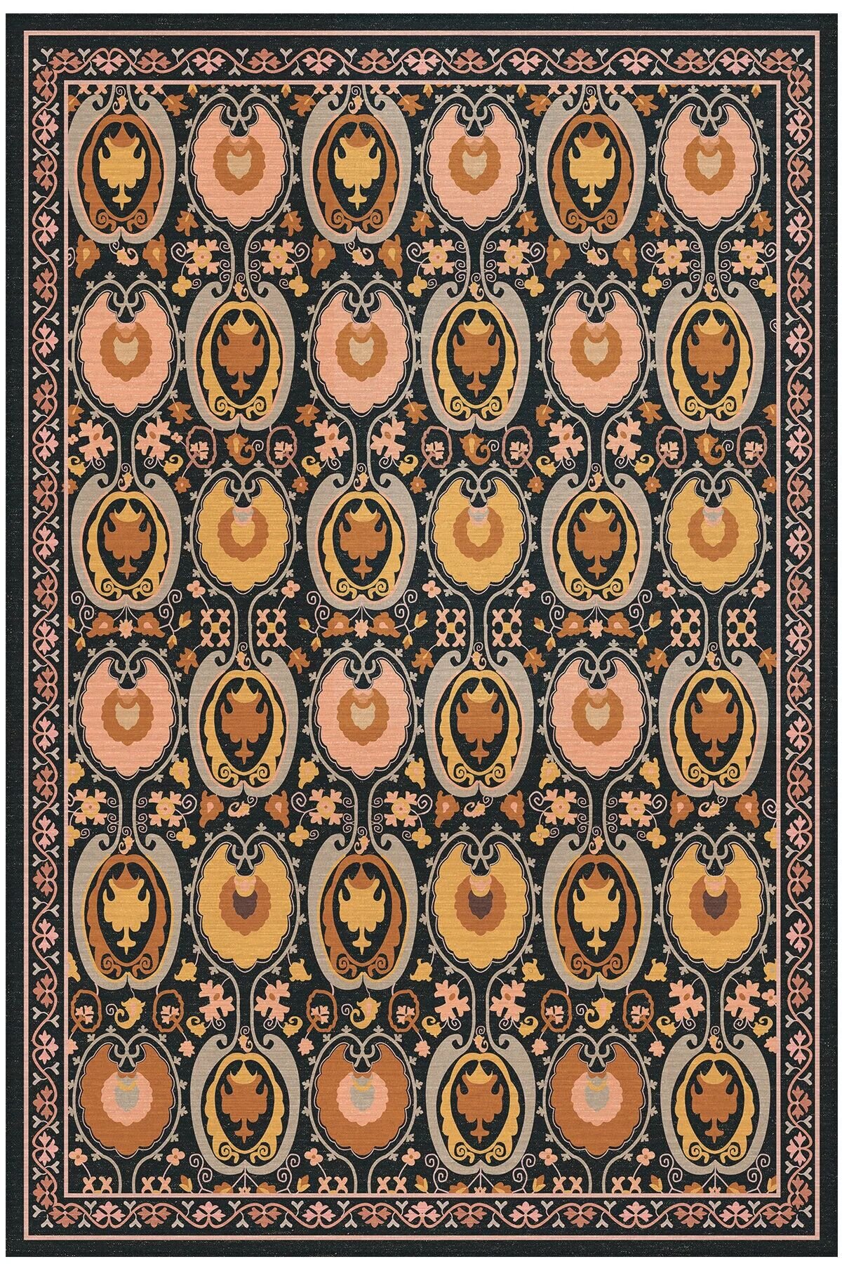 Drom Pamuk Dokuma Taban Makinede Yıkanabilen Kilim Kaymaz Şönil Hardal Etnik Desenli Otantik Dokuma Halı