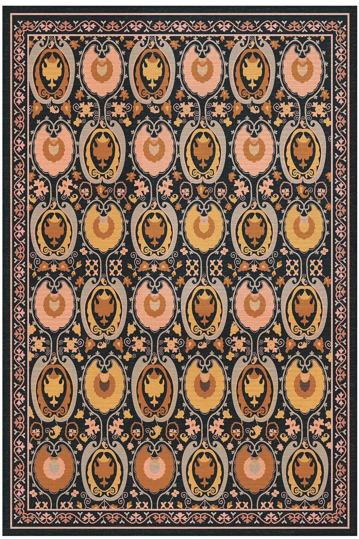 Drom Pamuk Dokuma Taban Makinede Yıkanabilen Kilim Kaymaz Şönil Hardal Etnik Desenli Otantik Dokuma Halı