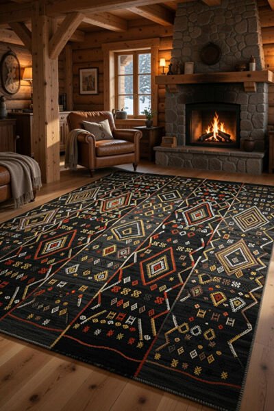 Drom Pamuk Dokuma Taban Kaymaz Şönil Makinede Yıkanabilir Siyah Etnik Desen Salon Yatak Odası Mutfak Koridor Yolluk Halı