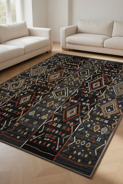 Drom Pamuk Dokuma Taban Kaymaz Şönil Makinede Yıkanabilir Siyah Etnik Desen Salon Yatak Odası Mutfak Koridor Yolluk Halı