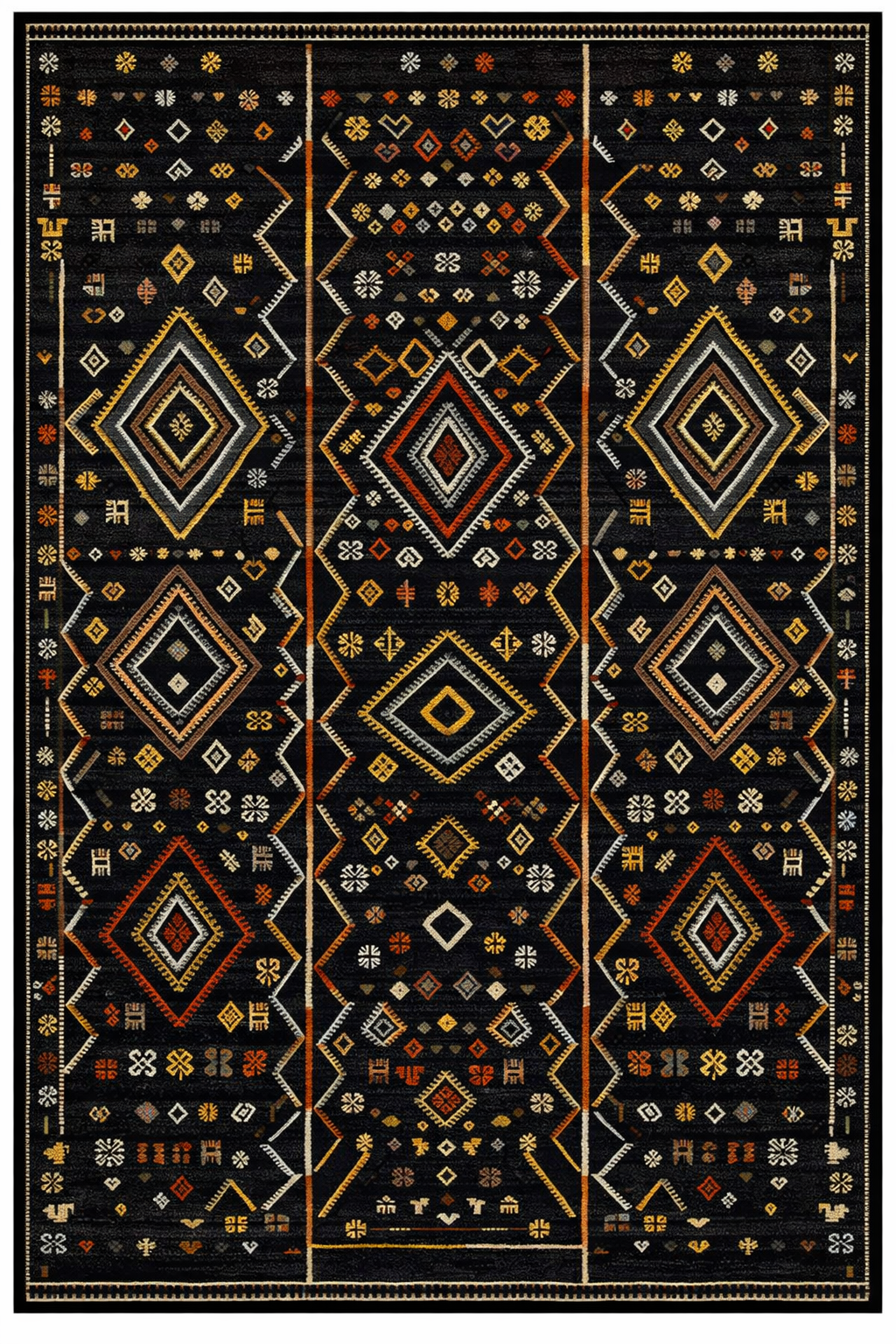 Drom Pamuk Dokuma Taban Kaymaz Şönil Makinede Yıkanabilir Siyah Etnik Desen Salon Yatak Odası Mutfak Koridor Yolluk Halı