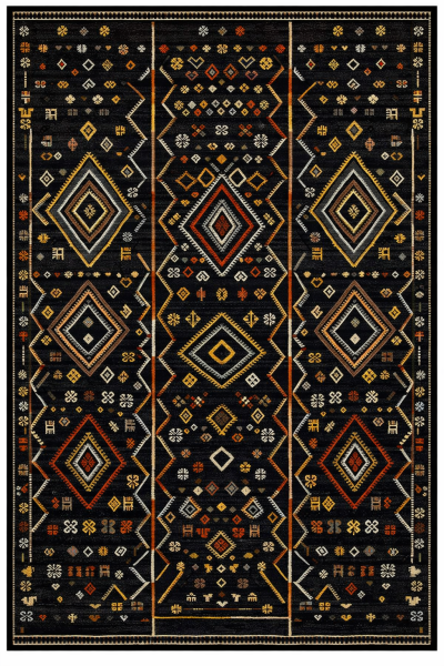 Drom Pamuk Dokuma Taban Kaymaz Şönil Makinede Yıkanabilir Siyah Etnik Desen Salon Yatak Odası Mutfak Koridor Yolluk Halı