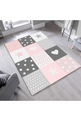 Cino Antialerjik Kalpli Yıldızlı Çocuk Odası Halısı Gri Pembe