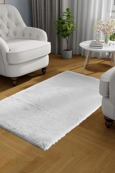 Luka Tavşan Post Beyaz Yumuşak Tüylü Kaymaz Tabanlı Ekstra Yumuşak Dokulu Halı