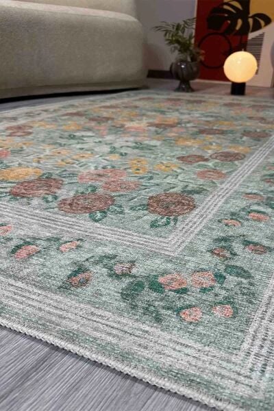 Drom Pamuk Dokuma Taban Makinede Yıkanabilen Kilim Kaymaz Şönil Vintage Çiçek Desenli Yeşil Dekoratif Bohem Oda Halısı