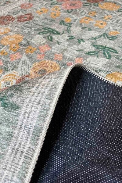 Drom Pamuk Dokuma Taban Makinede Yıkanabilen Kilim Kaymaz Şönil Vintage Çiçek Desenli Yeşil Dekoratif Bohem Oda Halısı