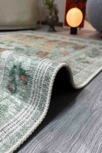 Drom Pamuk Dokuma Taban Makinede Yıkanabilen Kilim Kaymaz Şönil Vintage Çiçek Desenli Yeşil Dekoratif Bohem Oda Halısı