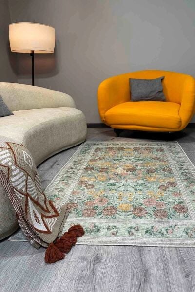 Drom Pamuk Dokuma Taban Makinede Yıkanabilen Kilim Kaymaz Şönil Vintage Çiçek Desenli Yeşil Dekoratif Bohem Oda Halısı