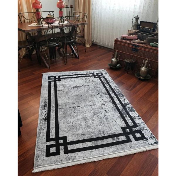 Halımax Dara 172 Yıkanabilir Kaymaz Dokuma Tabanlı Siyah Çerçeveli Gri Modern Desenli Halı 120x250