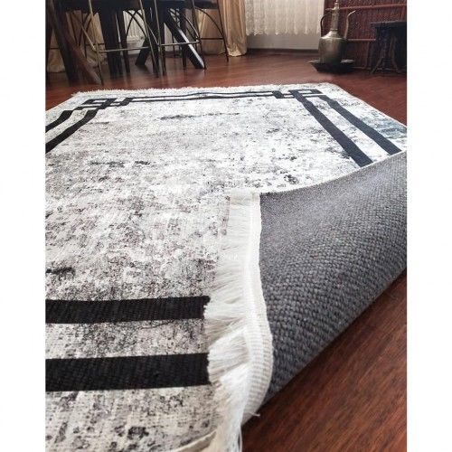 Halımax Dara 172 Yıkanabilir Kaymaz Dokuma Tabanlı Siyah Çerçeveli Gri Modern Desenli Halı 120x250
