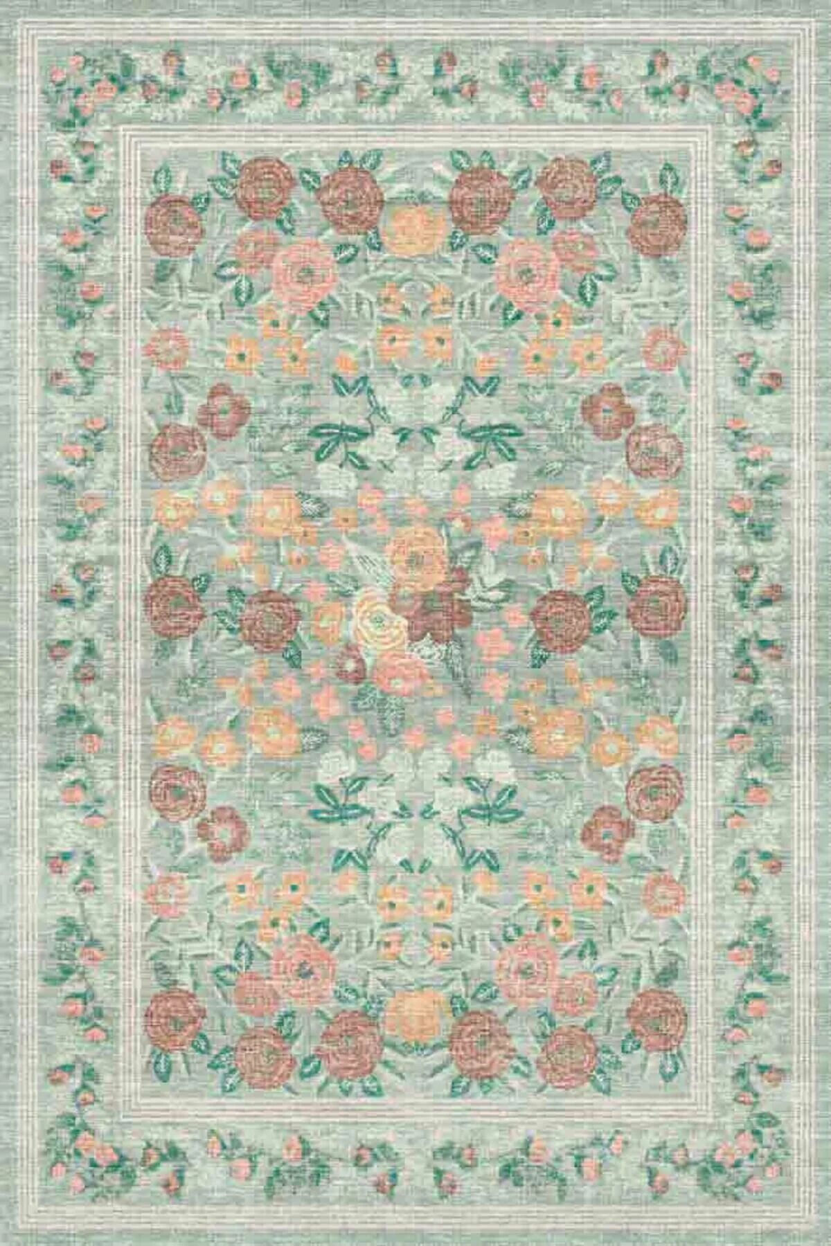 Drom Pamuk Dokuma Taban Makinede Yıkanabilen Kilim Kaymaz Şönil Vintage Çiçek Desenli Yeşil Dekoratif Bohem Oda Halısı