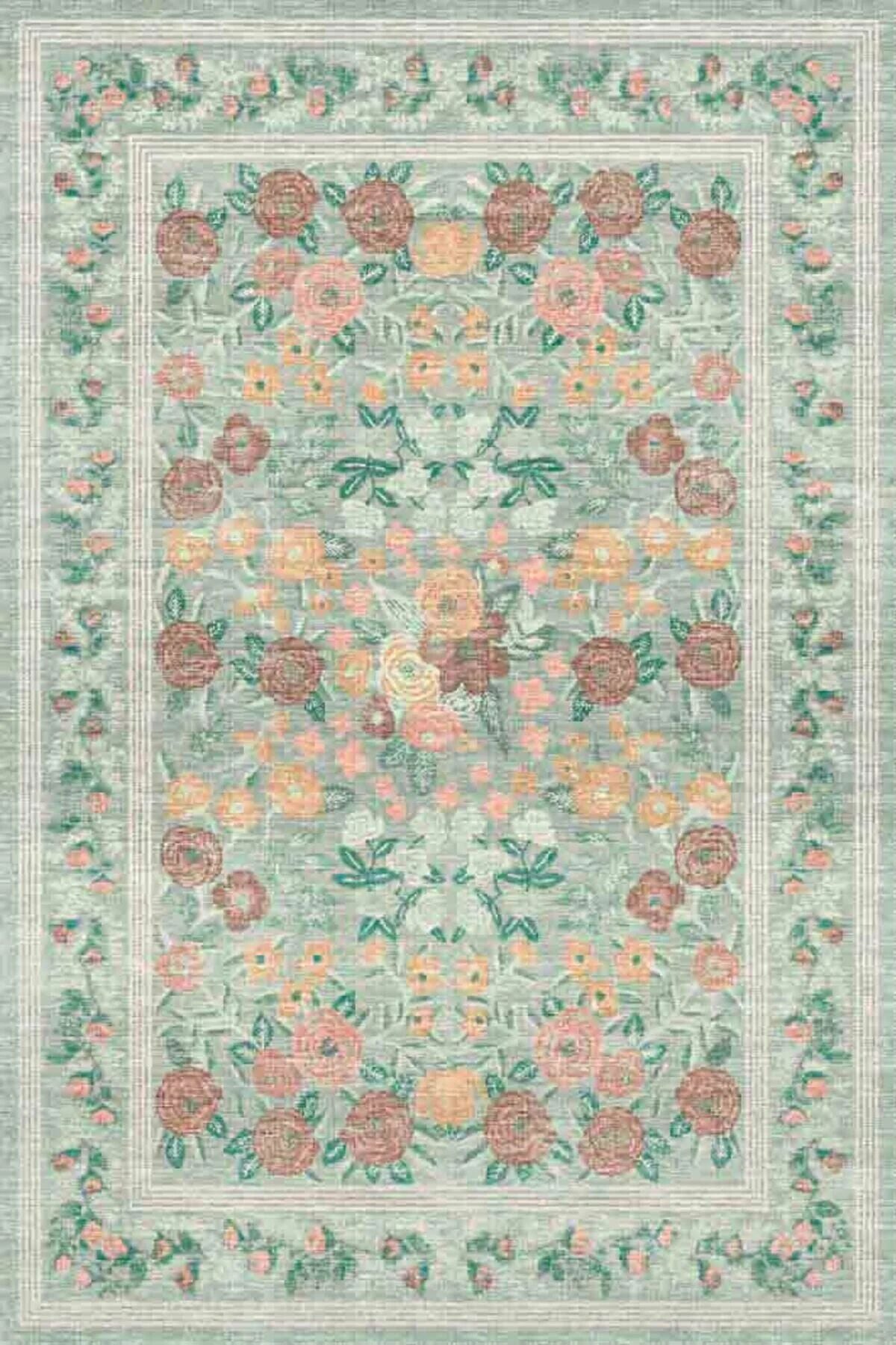 Drom Pamuk Dokuma Taban Makinede Yıkanabilen Kilim Kaymaz Şönil Vintage Çiçek Desenli Yeşil Dekoratif Bohem Oda Halısı