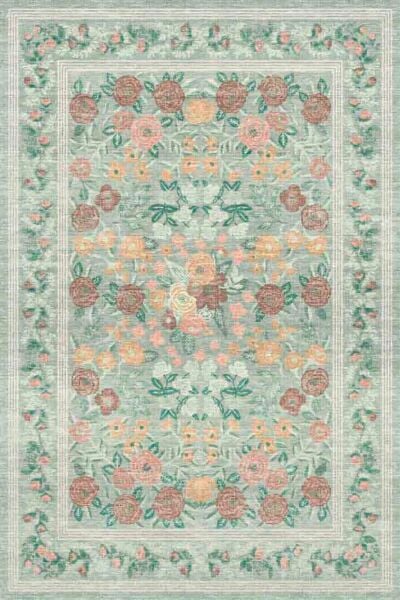 Drom Pamuk Dokuma Taban Makinede Yıkanabilen Kilim Kaymaz Şönil Vintage Çiçek Desenli Yeşil Dekoratif Bohem Oda Halısı