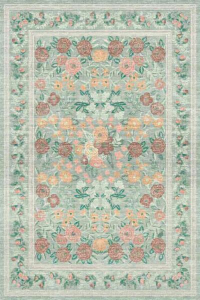 Drom Pamuk Dokuma Taban Makinede Yıkanabilen Kilim Kaymaz Şönil Vintage Çiçek Desenli Yeşil Dekoratif Bohem Oda Halısı