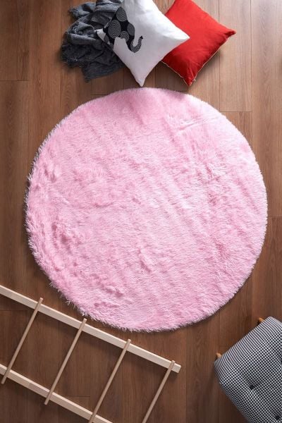 Halımax Tavşan Tüyü Kaymaz Tabanlı Pembe Yuvarlak Post Peluş Halı Yumuşak, Kaymaz, Şık Dekoratif Peluş Halı Antre Yatak Odası Çocuk Odası Halısı