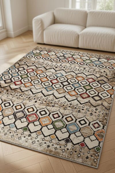 Drom Pamuk Dokuma Taban Kaymaz Şönil Makinede Yıkanabilir  Baklava Desenli Etnik Salon Yatak Odası Mutfak Koridor Yolluk Halı