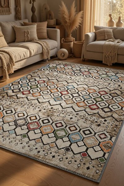 Drom Pamuk Dokuma Taban Kaymaz Şönil Makinede Yıkanabilir  Baklava Desenli Etnik Salon Yatak Odası Mutfak Koridor Yolluk Halı