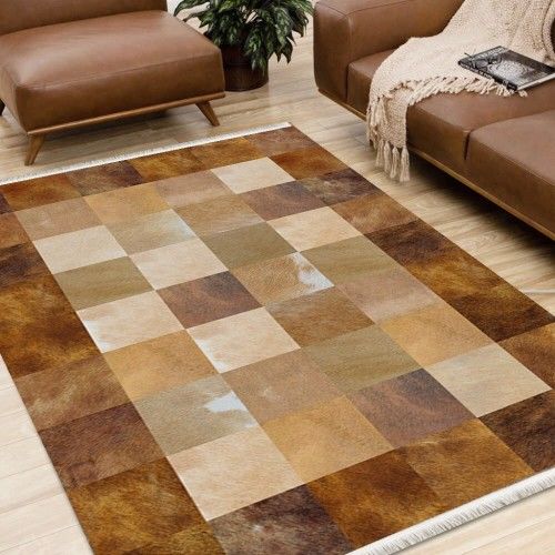 Halımax Dara 119 Yıkanabilir Kaymaz Dokuma Tabanlı Turuncu Kahverengi Modern Desenli Halı 80x150
