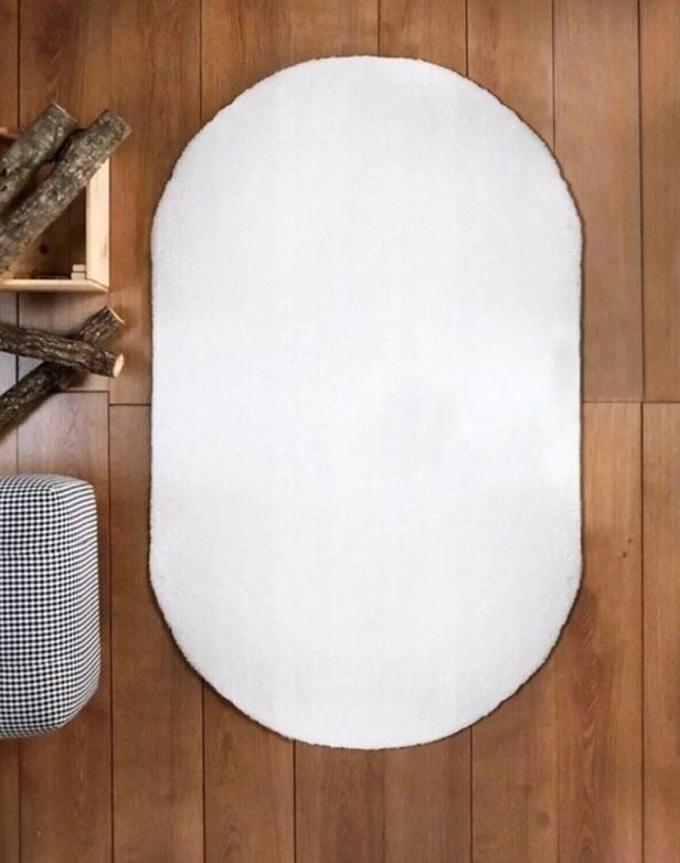 Halımax Tavşan Tüyü Oval Kaymaz Tabanlı Beyaz Post Peluş Halı Yumuşak, Kaymaz, Şık Dekoratif Peluş Halı Antre Yatak Odası Çocuk Odası Halısı