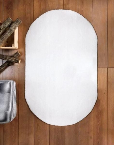 Halımax Tavşan Tüyü Oval Kaymaz Tabanlı Beyaz Post Peluş Halı Yumuşak, Kaymaz, Şık Dekoratif Peluş Halı Antre Yatak Odası Çocuk Odası Halısı